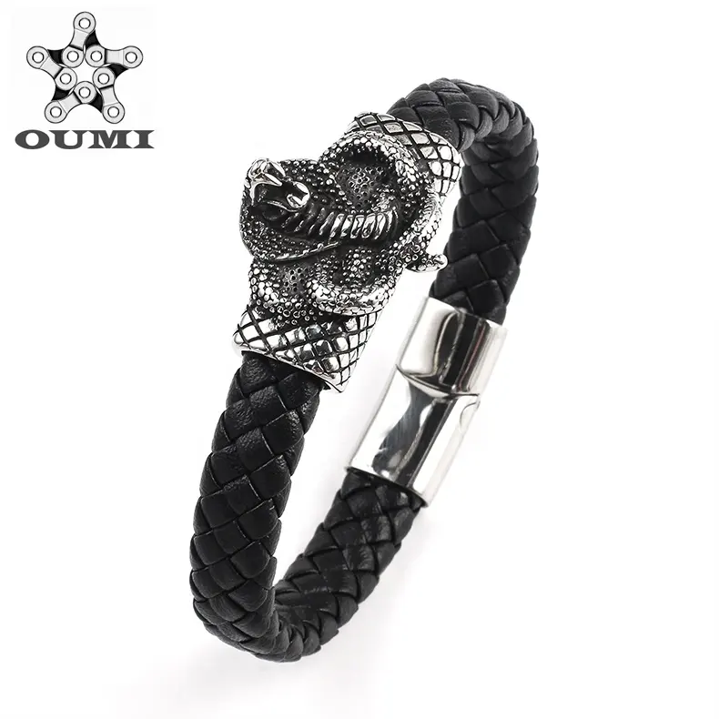 OUMI Amazon Trends Silver Flying Owl Cheap Men Genuine Leather Wristband Bracelet For Guys
