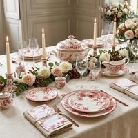 Maßgefertigtes Vintage Rotes Blumenmuster Keramik-Tellerset 6,5/8/10,5/12 Zoll Toile De Jouy Porzellan-Geschirr Hochzeit Hotel Tischdekoration