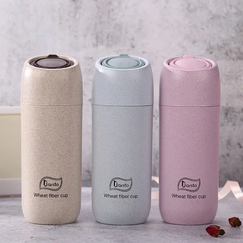 Reusable Biodegradable Lightweight Travel To-Go Cup with Silicone Leak-proof Lid 400ml Wheat Straw Fiber Water Bottle Tumbler