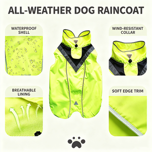 High Visibility Neon <b>Yellow</b> <b>Dog</b> <b>Raincoat</b> Waterproof Windproof Pet Reflective Vest Adjustable Buckle <b>Dog</b> Jacket Breathable Mesh - Product Image 2