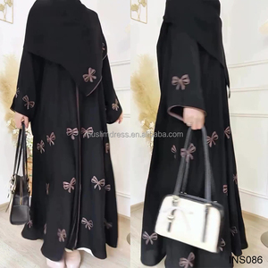 <span class=keywords><strong>Habib</strong></span>新款两件套蝴蝶结开口Abaya头巾套装定制穆斯林刺绣蝴蝶结和服正面开口Abaya套装 - Product Image 1