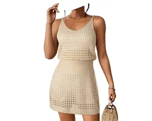 Women's summer sexy hollow spaghetti straps knitted mini dress beach swimsuit swimming cover-up cruise clothing vacation dress