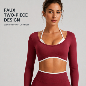 Camiseta de Yoga sin Costuras para Mujer, Manga Larga, Efecto Dos Piezas, Espalda en U Profunda, Camiseta Deportiva Moldeadora para Pilates, Gimnasio y Entrenamiento - Product Image 4