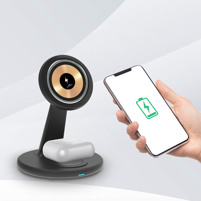 Custom Universal Desktop Mobile Phone Earbuds Wireless Charging Stand Smartphone 15w Portable 2 in 1 Magnetic Wireless Charger