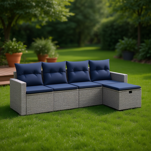 Set Divano da Esterno in Polyrattan Grigio a 5 Posti con Cuscini, Design Contemporaneo per Giardino - Product Image 2