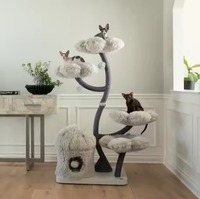 Meilleur cadeau : Arbre à chat moderne de luxe en bois avec lit en forme de fleur, emballé en carton, pour les amoureux des chats