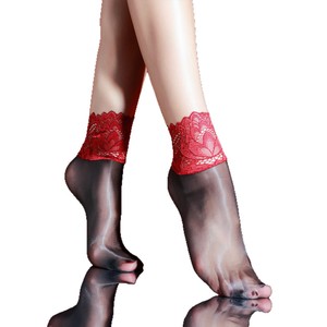 Lace Socks Ultra Thin Transparent Mid Calf Red Trim Black Women's Socks Four Seasons Nylon High Elasticity - Product Image 3