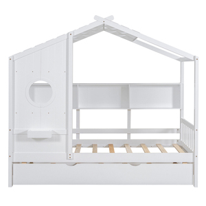 Modern Wooden Full Size <b>House</b> <b>Bed</b> With Trundle, Modern Design for Kids with Storage Shlef, White - Product Image 6