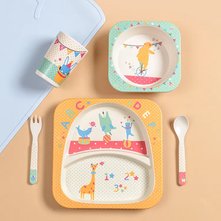 5-Piece Bamboo Fiber Children's Dinner Set Cute Cartoon Design Eco-Friendly Tableware for Feeding Stocked for Everyday Use