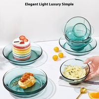 Hxglass Vaisselle en verre à haute teneur en borosilicate Bol en verre à double oreille Assiette à soupe Ensemble de dîner bleu saphir pour four à micro-ondes