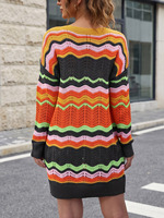 Robe Courte Décontractée Vintage Colorée à Rayures Ondulées et Col Rond en Maille Creuse à Manches Longues pour Femme 2026