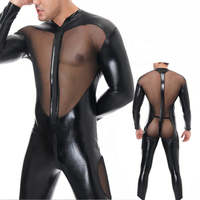 Costumes sexy pour hommes, combinaison en latex fetish, combinaison en PVC et spandex, combinaison en cuir PU avec fermeture éclair, combinaison en maille, combinaison noire