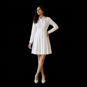 Robe chemise en coton blanc pour femmes, manches longues, plissée, mini-robe décontractée, confortable, élégante, chemisier pour femmes, robe d'été - Product Image 1