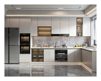Cuisine moderne de luxe avec éclairage LED, aménagement en L, appareils électroménagers intégrés, armoire de rangement avec évier