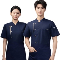 Uniforme de Chef Unisexe en Gros, Manches Courtes, Respirant, en Tissu Tricoté Polyester/Coton Extensible, Boutonné, Idéal pour l'Été, Restaurants et Bars