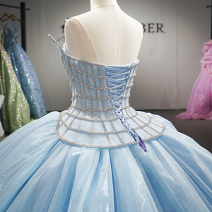 Dy1523 Robe de mariée exquise bleu ciel, ornée de perles faites main, corsage en treillis, robe de bal de princesse scintillante, traîne chapelle pour cérémonie nuptiale - Product Image 6