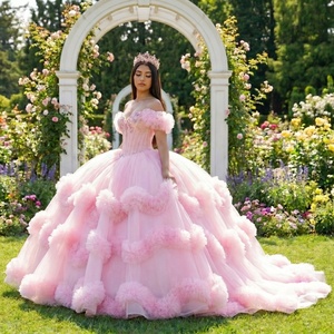 Dy6996 Luxury Pink Chiffon Quinceanera <b>Dress</b> Fluffy <b>Ruffles</b> Natural Waistline Heavy Lace Appliques Corset Ball Gown Sweetheart - Product Image 1
