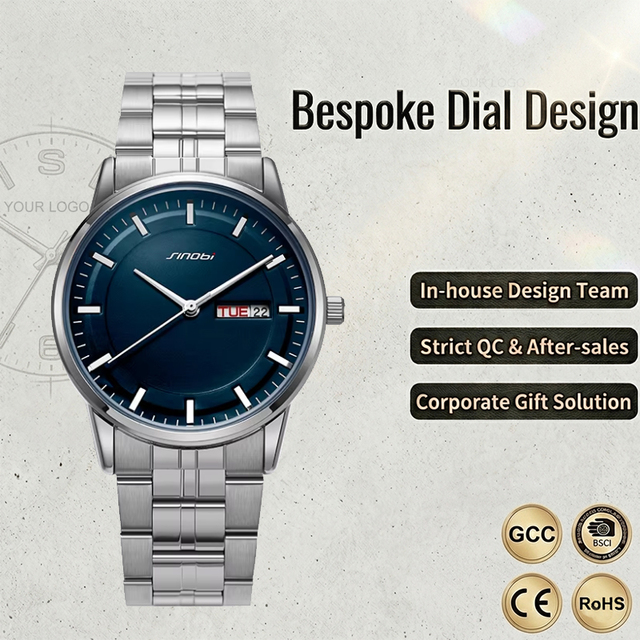 SINOBI Custom Men Quartz Watch Alloy Case Stainless Steel Band Day Calendar Wristwatch OEM ODM Minimalist Style Watch