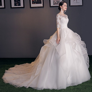 White Ball Gown Wedding Dress Sweetheart Neckline Tulle Empire Waist Floor Length Long Sleeve Bridal Dress - Product Image 5