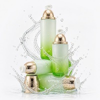 Flacon en verre dépoli cylindrique vert dégradé 30g 50g 40ml 60ml 100ml pour sérum, essence, crème ou huile de soin avec couvercle rose doré