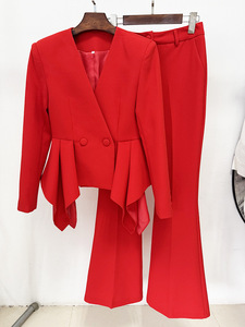 2025 Designer Inspired Solid Pattern Ensemble for Women Red Ruffled BlazerJacket <b>Set</b> with Flared Pants Office Lady Style - Product Image 3