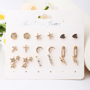 Juego de 9 Pares de Aretes de Moda con Cristales de Imitación, Estrella, Luna, Corazón y Cruz, Joyería para Mujer - Product Image 4