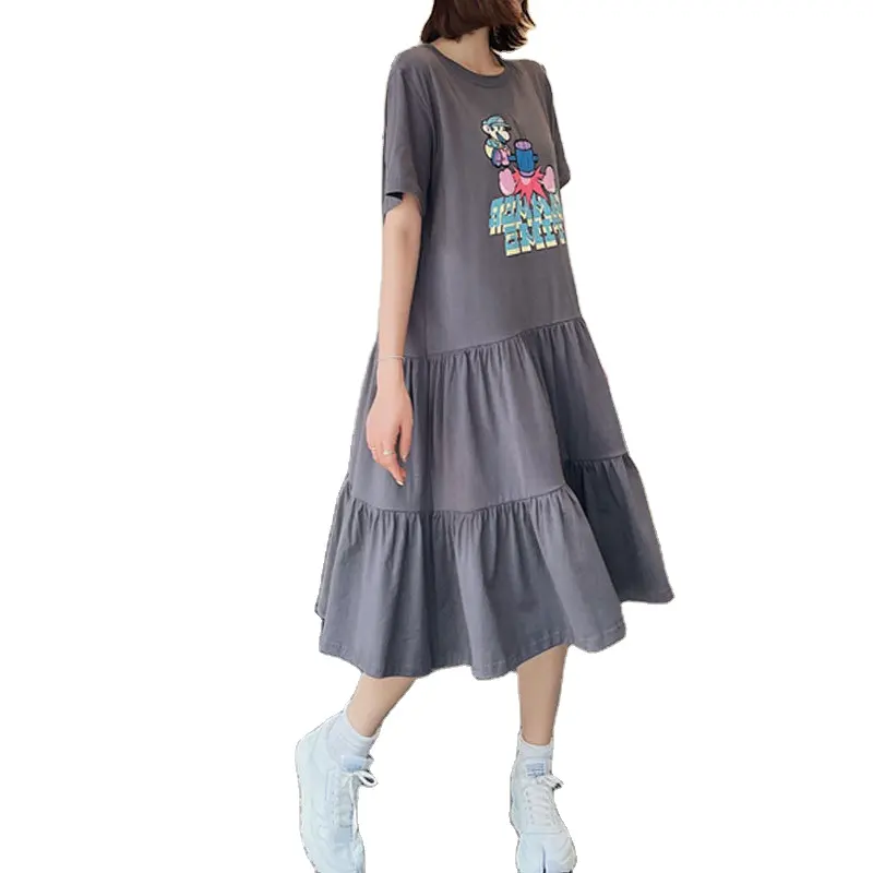 Últimas Mais Novo Moda Coreano Verão Manga Curta T Shirt Vestido Mulheres Vestuário Algodão Solto Ruffled Impressão Long Casual Vestidos