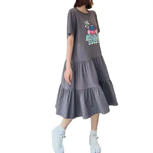 Latest Newest Fashion Korean Summer Short Sleeve T Shirt Dress Women Clothing Cotton Loose Ruffled Printing Long Casual Dresses