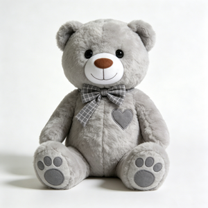 Ours en peluche gris doux personnalisé, ours en peluche gris moelleux assis avec nœud papillon à carreaux gris et cœur brodé sur la poitrine - Product Image 5