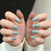 24 faux ongles autocollants Aurora vert menthe pailletés, forme amande, longueur moyenne, réutilisables, de luxe, haut de gamme, tendance, pour filles