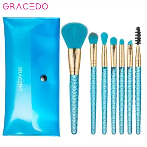 GR073 RTS Juego de brochas de maquillaje de 7 piezas azul lindo elegante cosmético tubo dorado logotipo personalizado brocha de belleza con una bolsa brocha de maquillaje