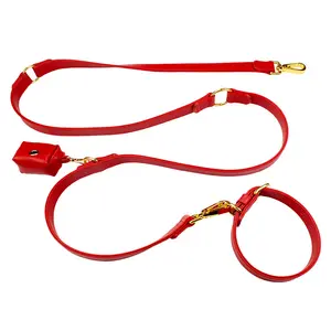 Laisse double personnalisée sans traction en cuir PU matériel rouge étendu corde pour chien de compagnie laisse collier sac à crottes ensemble