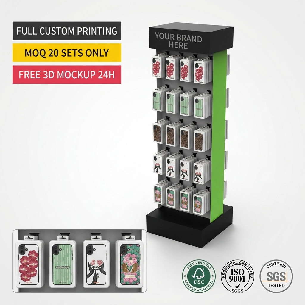 Custom PVC Floor Standing Retail Display Rack for Phone Cases Mobile Accessories Display Stand with Brand Logo