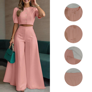 Completo da Donna con Top Corto a Maniche a Sbuffo e Pantaloni a Gamba Larga, Outfit <span class=keywords><strong>per</strong></span> il Lavoro Quotidiano, Set <span class=keywords><strong>Due</strong></span> Pezzi, Vendita all'Ingrosso - Product Image 4