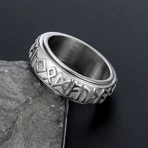 Hiphop Vintage soulagement du Stress Fidget anneau Rune amulette lettres anneau hommes en acier inoxydable filature rotatif Viking bague - Product Image 4