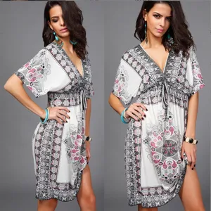 Hot Bán Phụ Nữ Của Châu Âu Mỹ Mùa Xuân Và Mùa Hè V Cổ Sữa Lụa Cỡ Lớn In Bãi Biển Dresses Bán Buôn