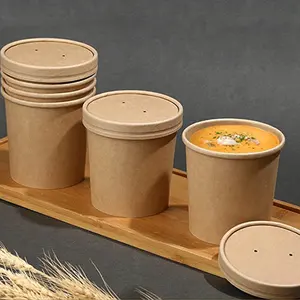 Custom Printed Biodegradable Disposable Take Away Hot Soup Bowls Kraft Paper Soup Cup With Paper Lid