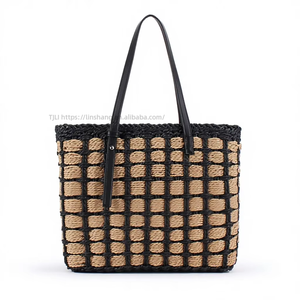 Sac fourre-tout tissé grande capacité, style français simple et populaire, avec fermeture éclair, motif à carreaux, sac à bandoulière tendance pour la plage Tanjing - Product Image 1
