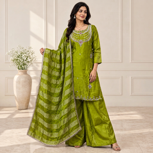 Ensemble Kurta Palazzo Dupatta pour femme, vert, en soie de verre brodée, séchage rapide, coupe ample, longueur au sol, toutes saisons, pour mariage traditionnel - Product Image 1