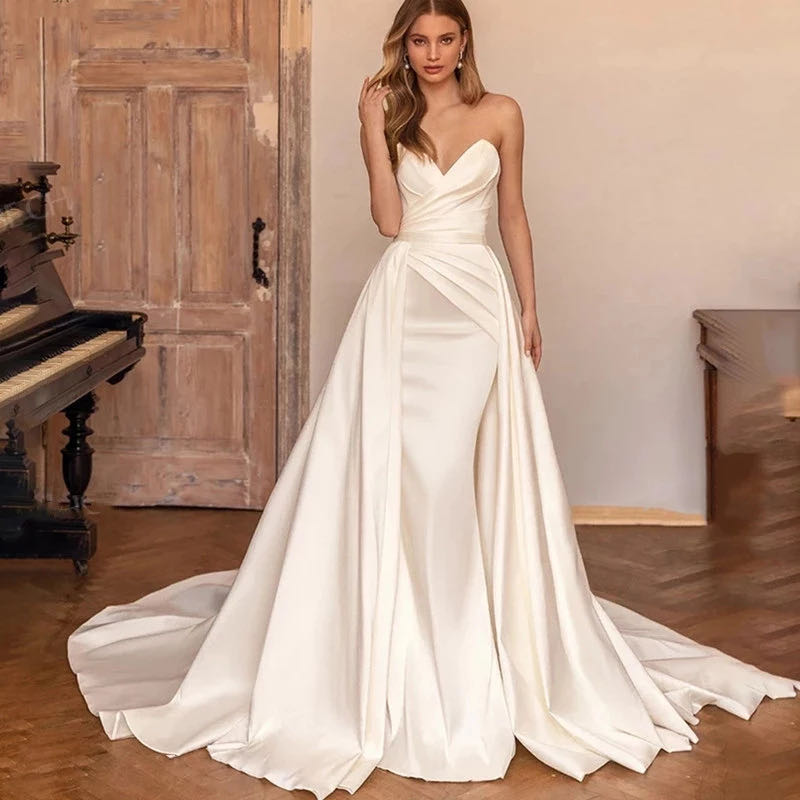 Customized 2 in 1 Detachable Train Wedding Dress 2025 Satin Sleeveless  Simple Mermaid Princess Bride Gowns Vestido De Noiva| Alibaba.com