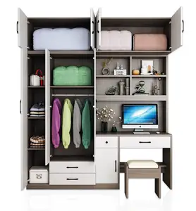 Modern Popular Solid Wood Double Door Wardrobe Walk-in Simple Open Wardrobe with Computer Desk Dresser Cabinet