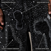 Shorts en jean gothiques personnalisés noirs effet vieilli avec strass, patch croix et broderie étoile, OEM pour hommes, style Hip Hop