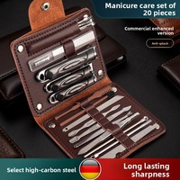 Ensemble de manucure professionnel de luxe en acier inoxydable 20 pièces, comprenant 20 outils (coupe-ongles, cure-oreilles), durable, portable, avec logo personnalisé