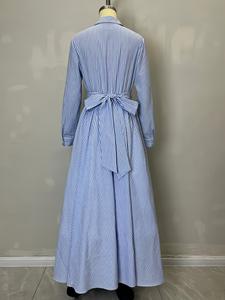 Vestido Camisero Largo a Rayas Azules y Blancas para Mujer, con Botones, Manga Larga, Cinturón, Estilo Casual, Moda Sehe - Product Image 6