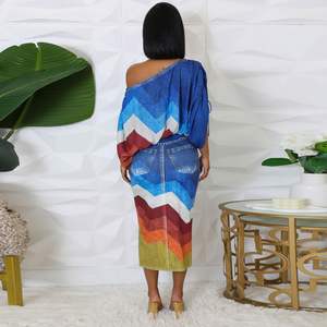 2024 HO Illusion Blusa recortada Falda Conjunto Colorblock Dobladillo dividido Hombro inclinado Falda Conjuntos de dos piezas Conjunto Chemise Et Jupe - Product Image 4