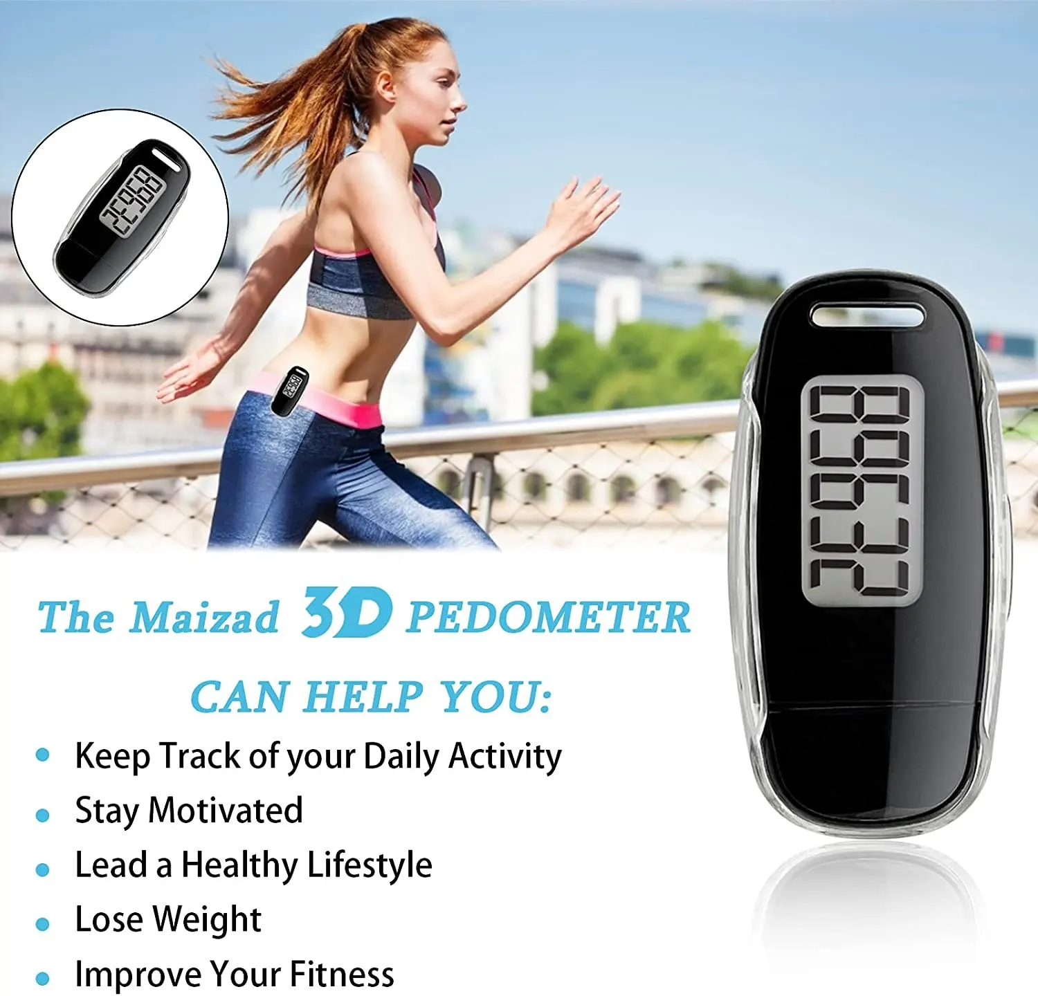 3D Pedometer with New clip and Strap Simple USB Charge Walking Step Counter 30 Days Memory Accurate Step Counter with Large LCD