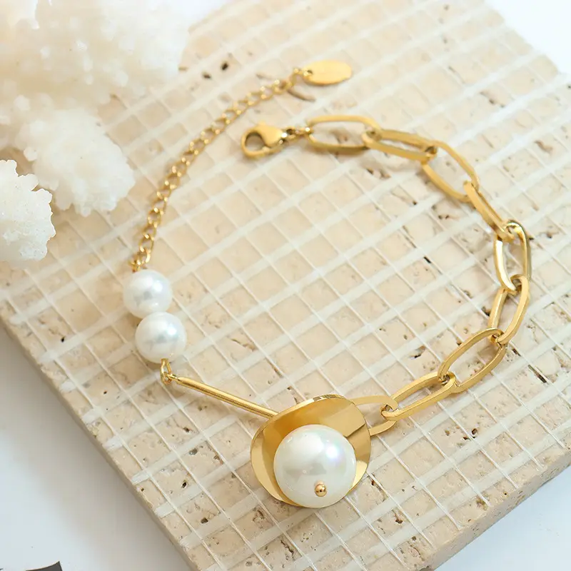 Antike Imitation Pearl Armband Spleiß kette Edelstahl plattiert 18 Karat Gold Freundschaft armband Armband en perles