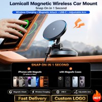 Chargeur de voiture sans fil magnétique 15W à charge rapide, double port USB-C, rotatif à 360°, fixation solide par ventouse pour tableau de bord et pare-brise