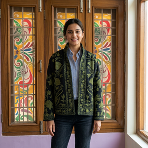 Chaqueta Bomber de Mujer Hecha a Mano en Tela de Algodón TNT ~ Abrigo Suzani Floral Negro, Transpirable y Ecológico, Producción Alif - Product Image 1