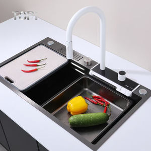 Robinet de cuisine moderne blanc effet cascade, monocommande, raccords flexibles, durable, douchette extractible rotative à jet pluie, finition brossée - Product Image 1